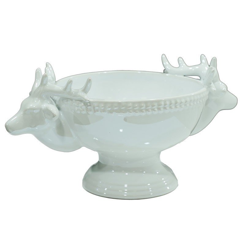 Recipiente in ceramica bianca con teste di renna laterali - H. 11 cm - Stile